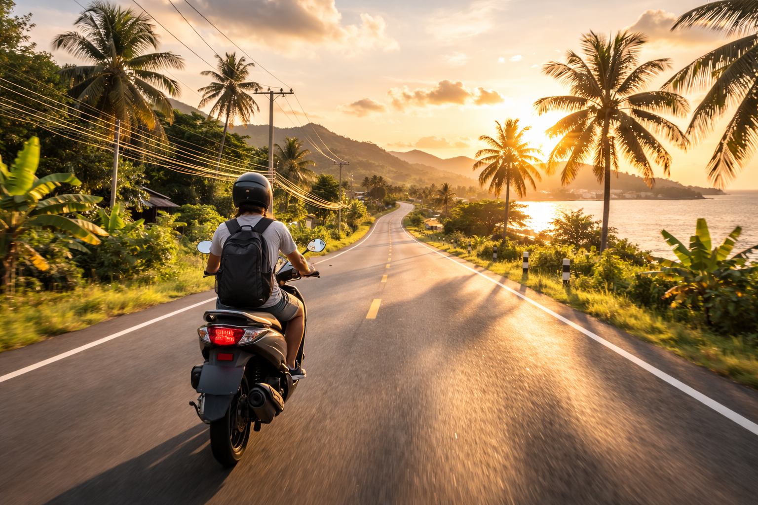 Tropical road ride from behind